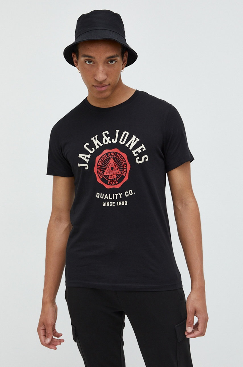 

Памучна тениска Jack & Jones в черно с принт, Черен