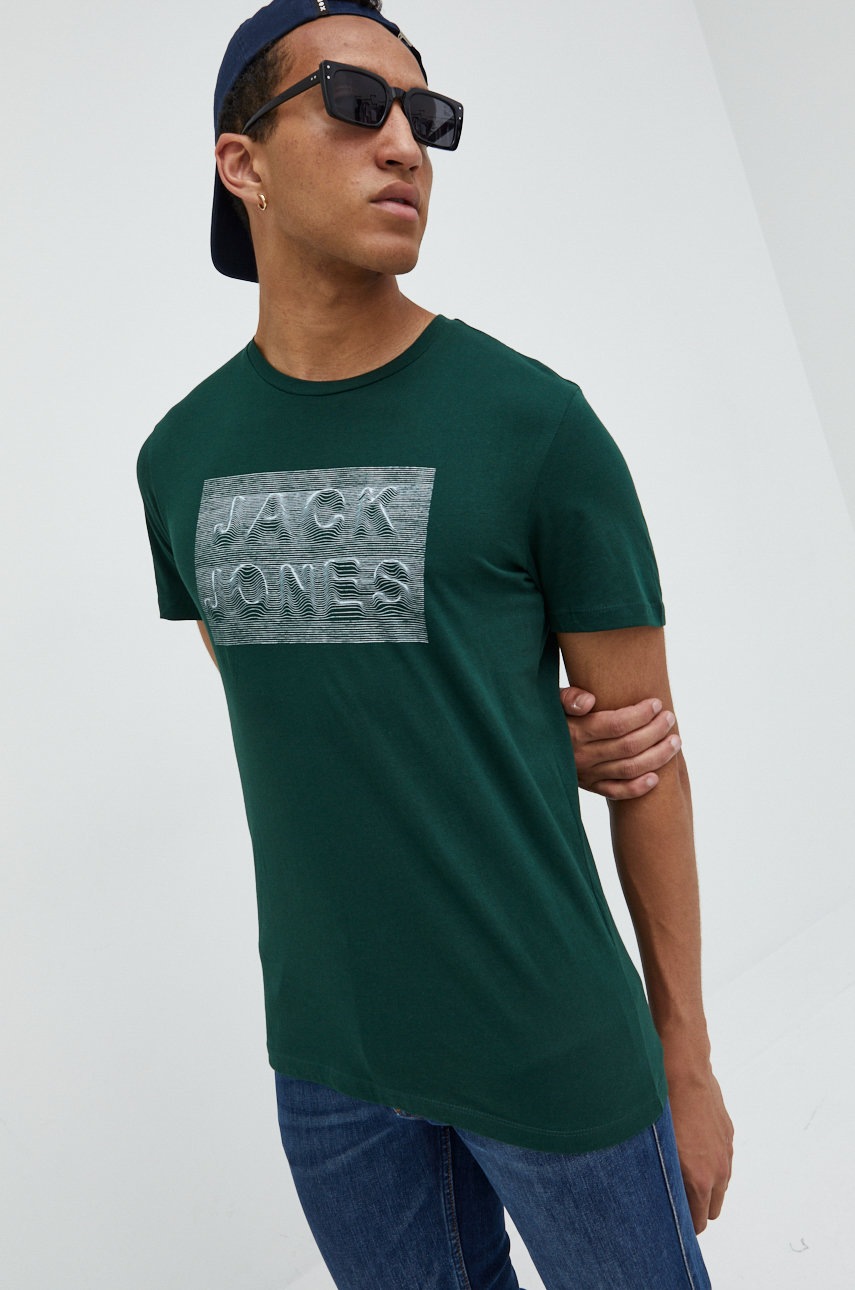 

Памучна тениска Jack & Jones в зелено с принт, Зелен