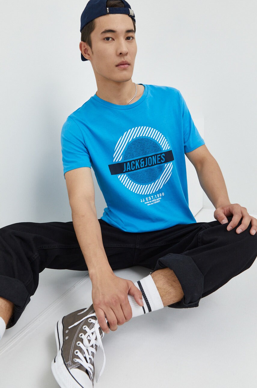

Памучна тениска Jack & Jones с принт, Син