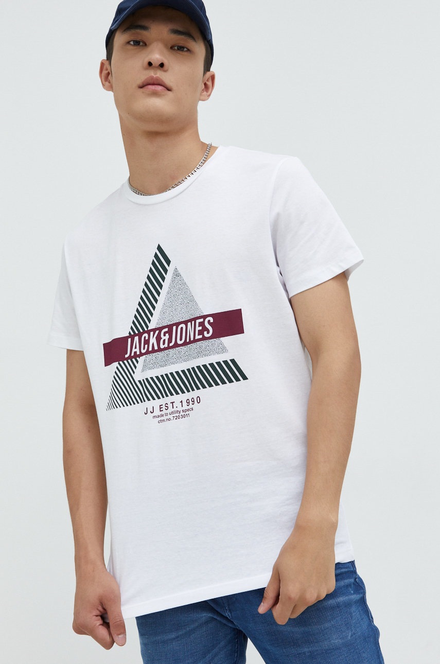 

Памучна тениска Jack & Jones в бяло с принт, Бял