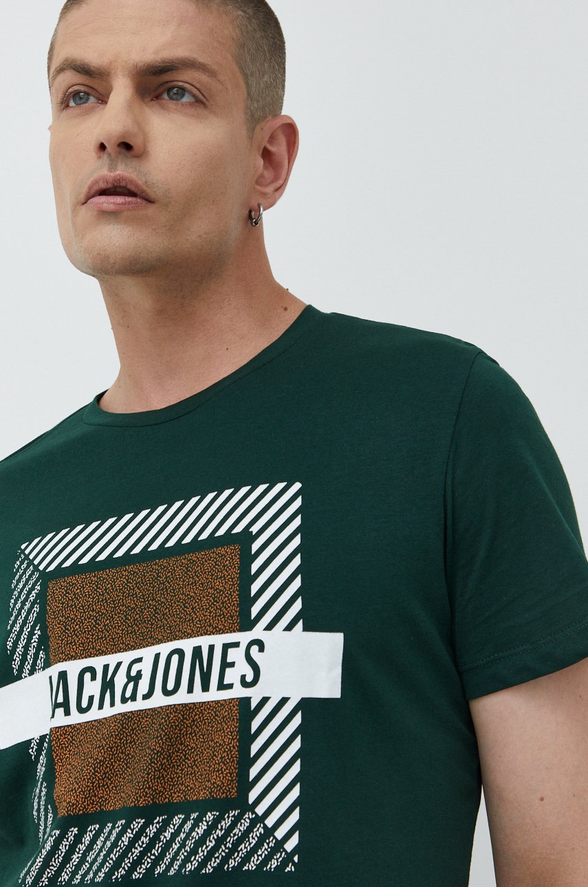

Памучна тениска Jack & Jones в зелено с принт, Зелен