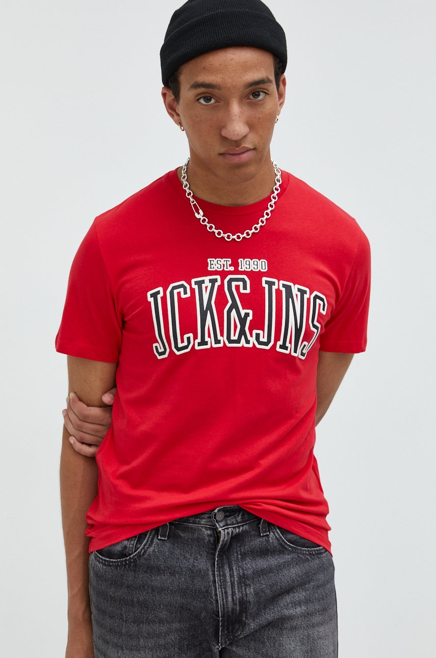 

Памучна тениска Jack & Jones в червено с принт, Червен
