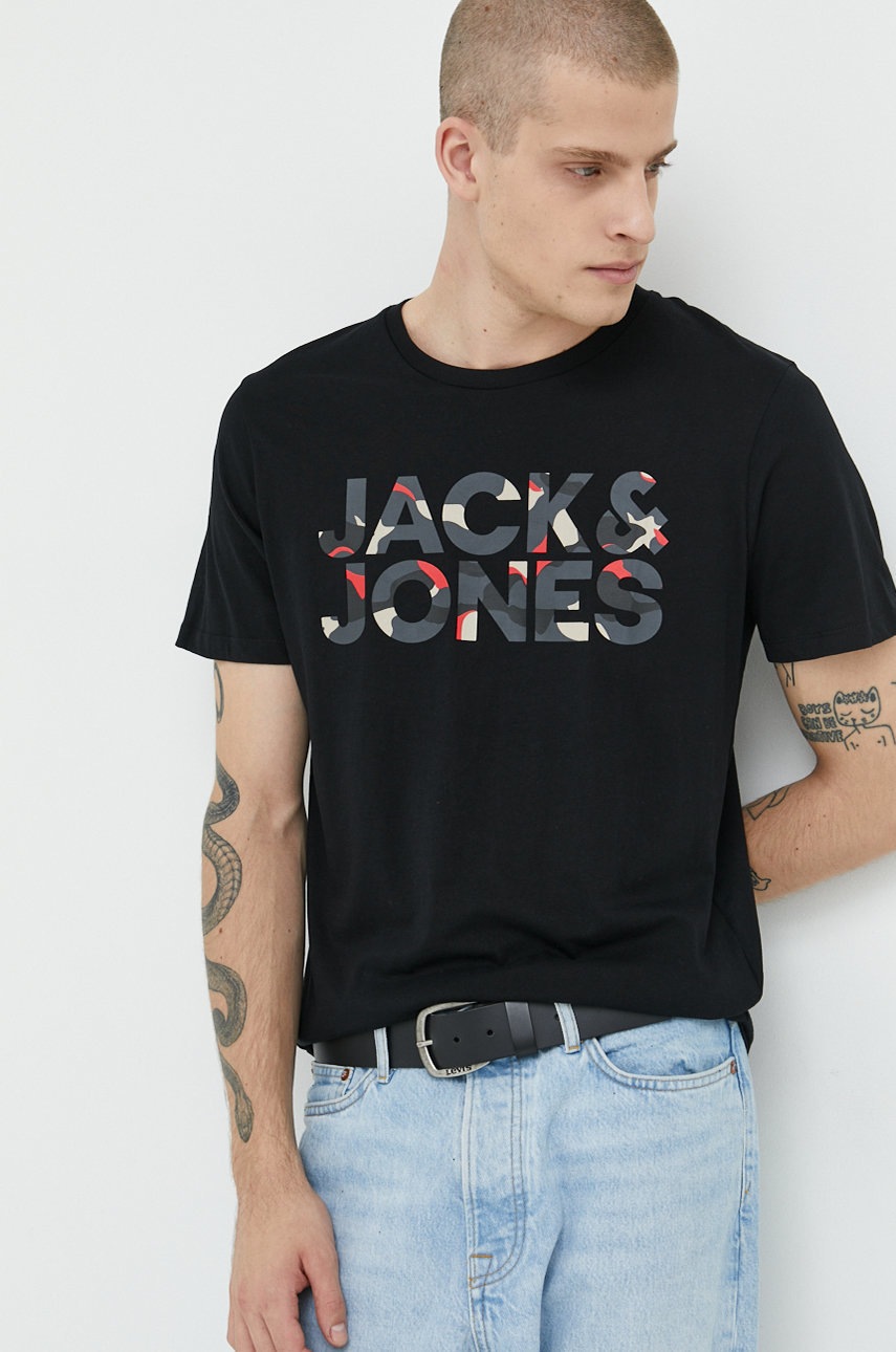 

Памучна тениска Jack & Jones в черно с принт, Черен