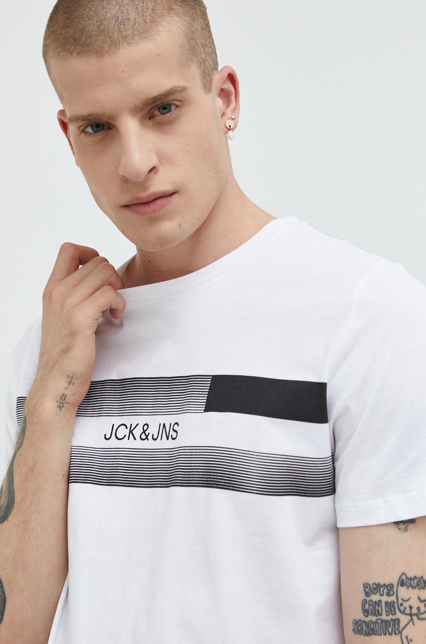 

Памучна тениска Jack & Jones в бяло с принт, Бял