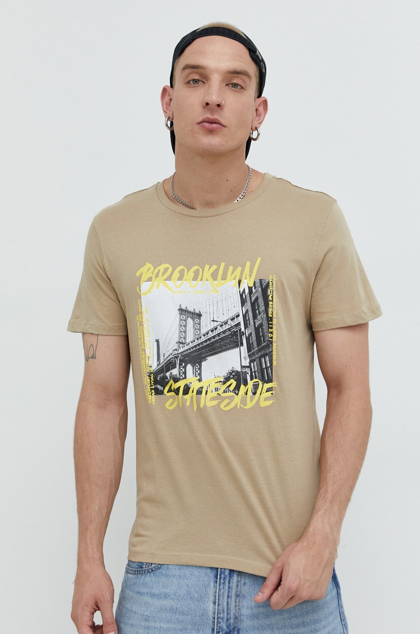 

Памучна тениска Jack & Jones в бежово с принт, Бежов