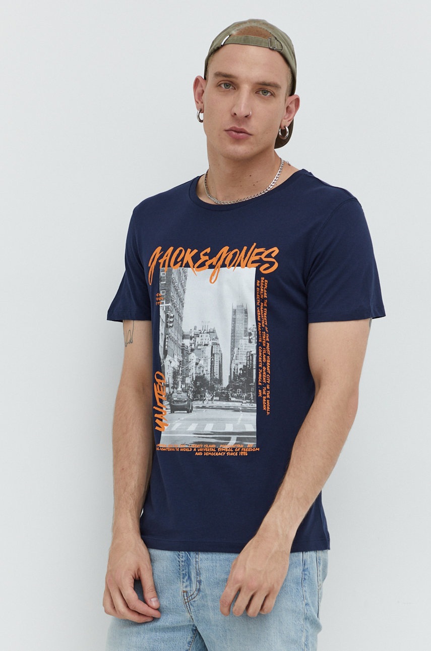 

Памучна тениска Jack & Jones в тъмносиньо с принт, Тъмносин
