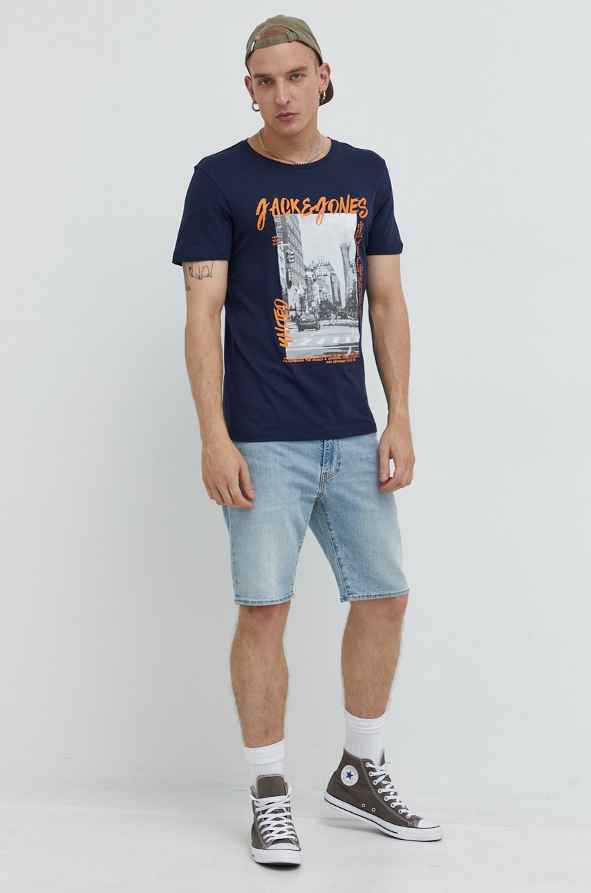 

Хлопковая футболка Jack & Jones цвет синий с принтом