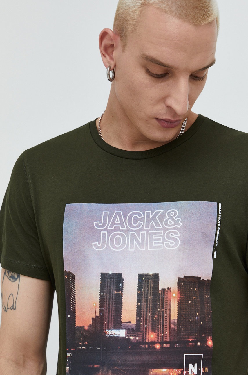 

Памучна тениска Jack & Jones в зелено с принт, Зелен