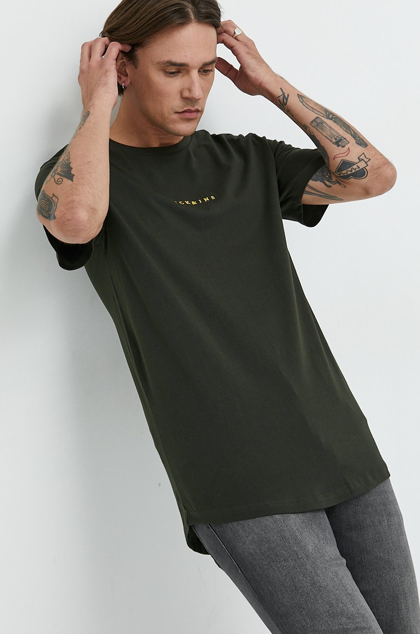 

Памучна тениска Jack & Jones в зелено с апликация, Зелен