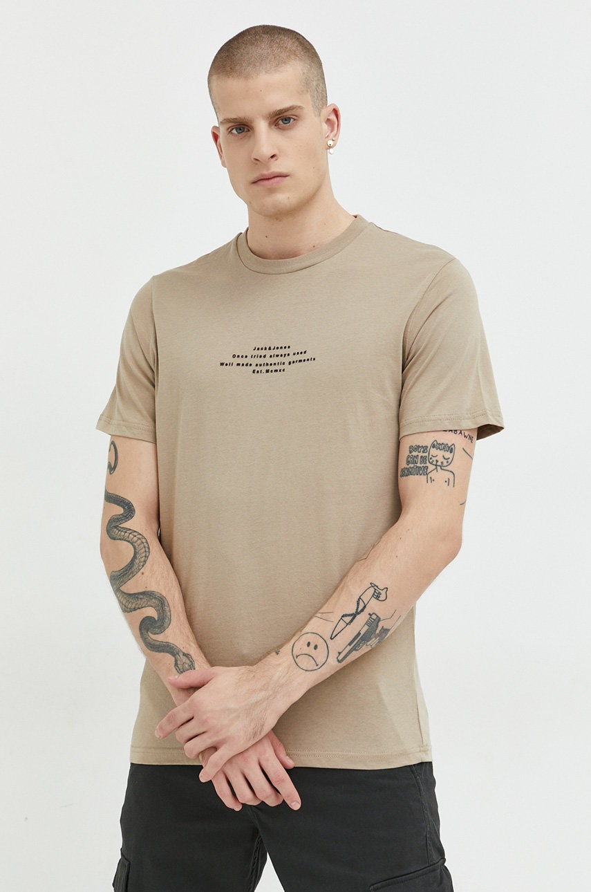 

Хлопковая футболка Jack & Jones цвет бежевый с принтом