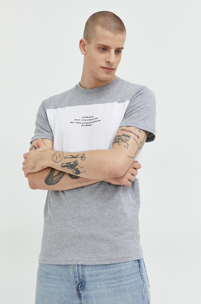 

Бавовняна футболка Jack & Jones колір сірий візерунок