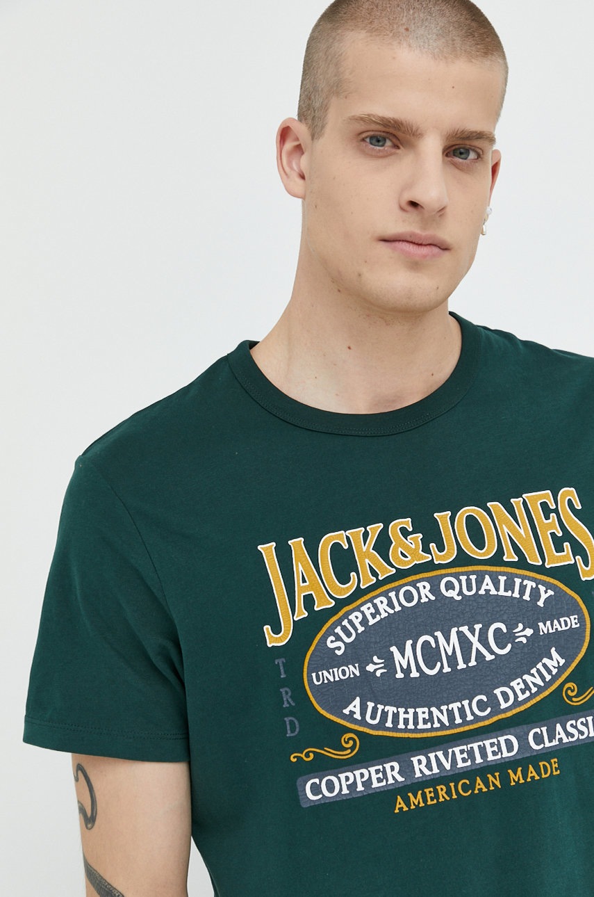 

Бавовняна футболка Jack & Jones колір зелений з принтом