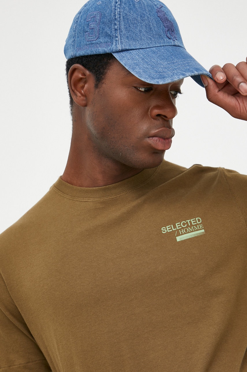 Selected homme tricou din bumbac culoarea verde, cu imprimeu