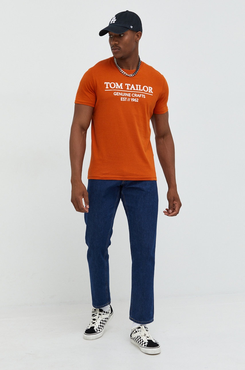 

Памучна тениска Tom Tailor в оранжево с принт, Оранжев