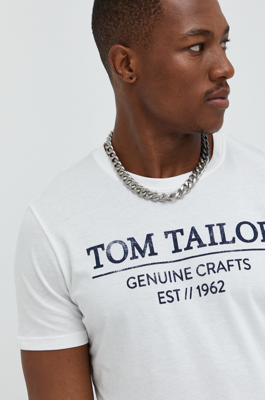 

Памучна тениска Tom Tailor в бяло с принт, Бял