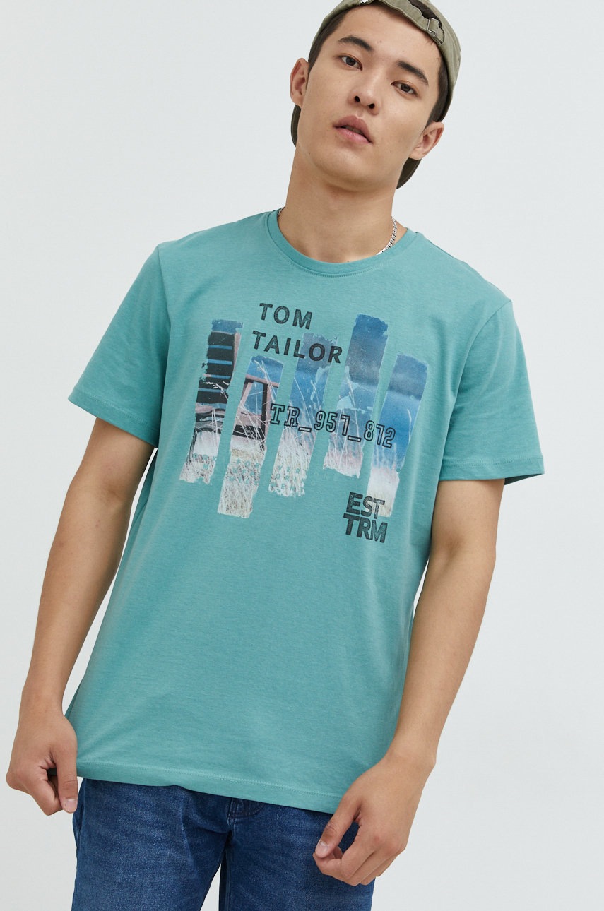 

Памучна тениска Tom Tailor в зелено с принт, Зелен