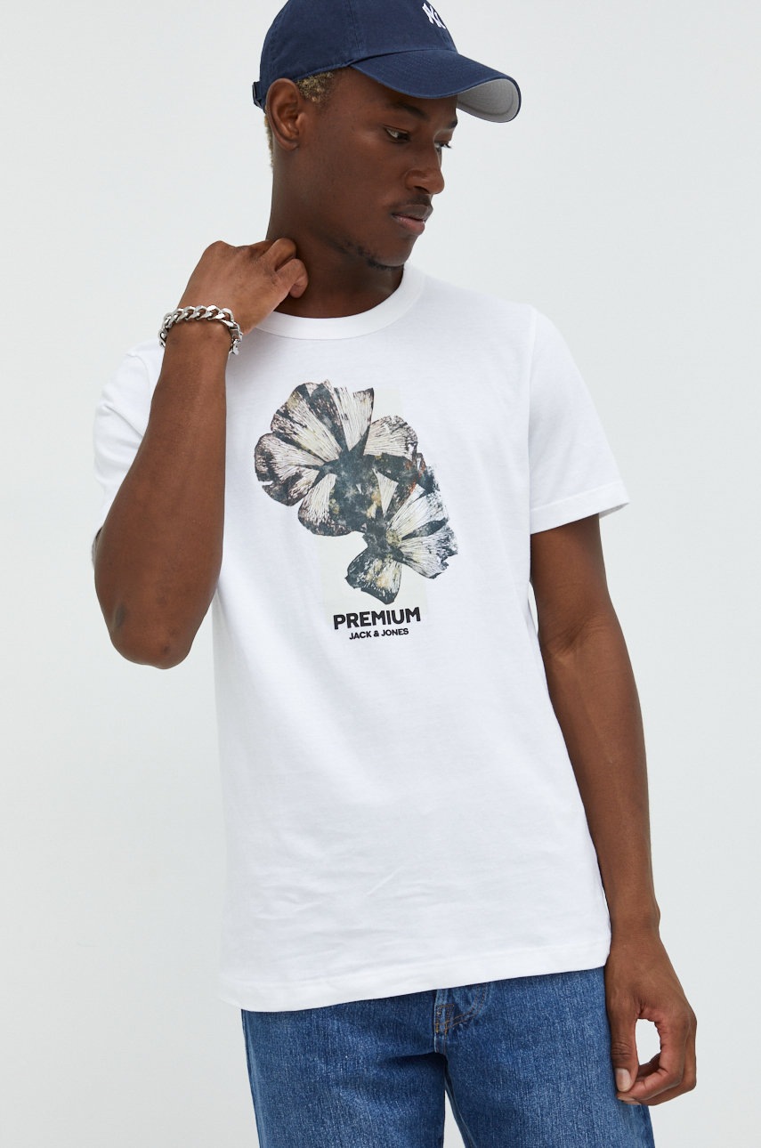 

Памучна тениска Premium by Jack&Jones в бяло с принт, Бял
