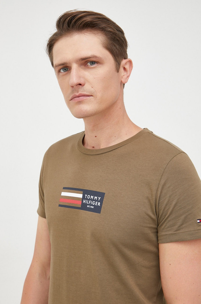 

Памучна тениска Tommy Hilfiger в зелено с принт, Зелен