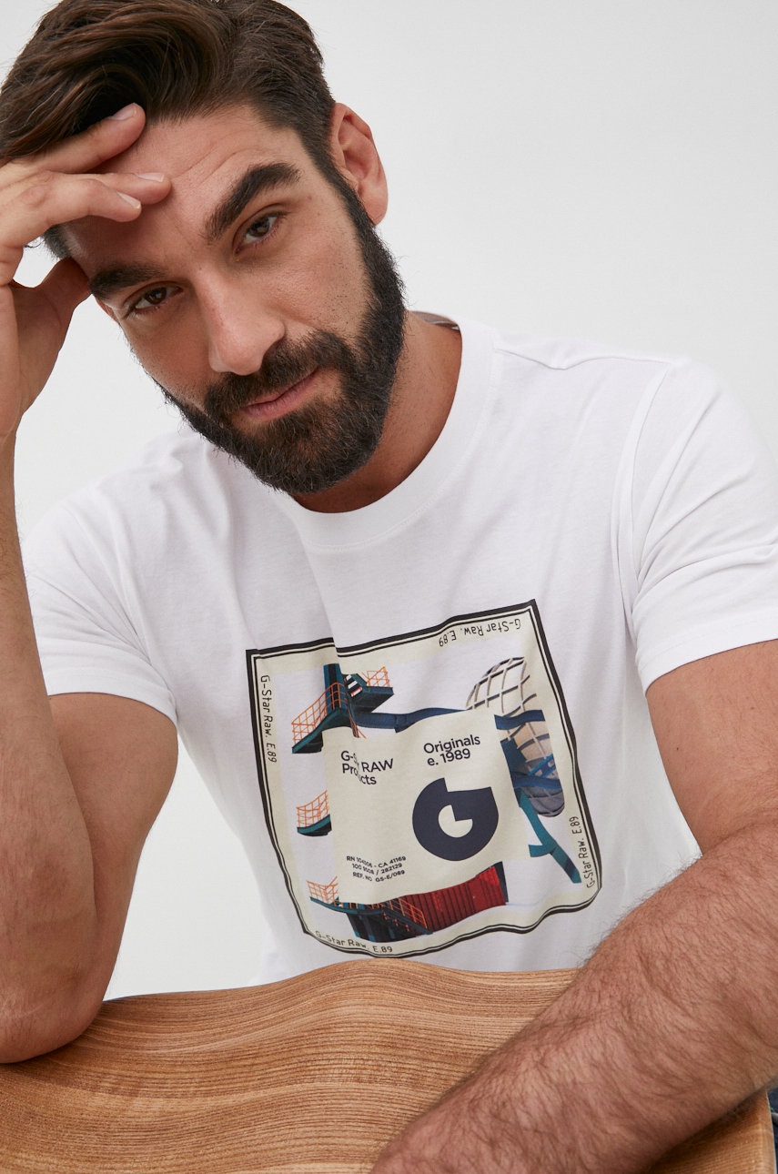 

Памучна тениска G-Star Raw в бяло с принт, Бял