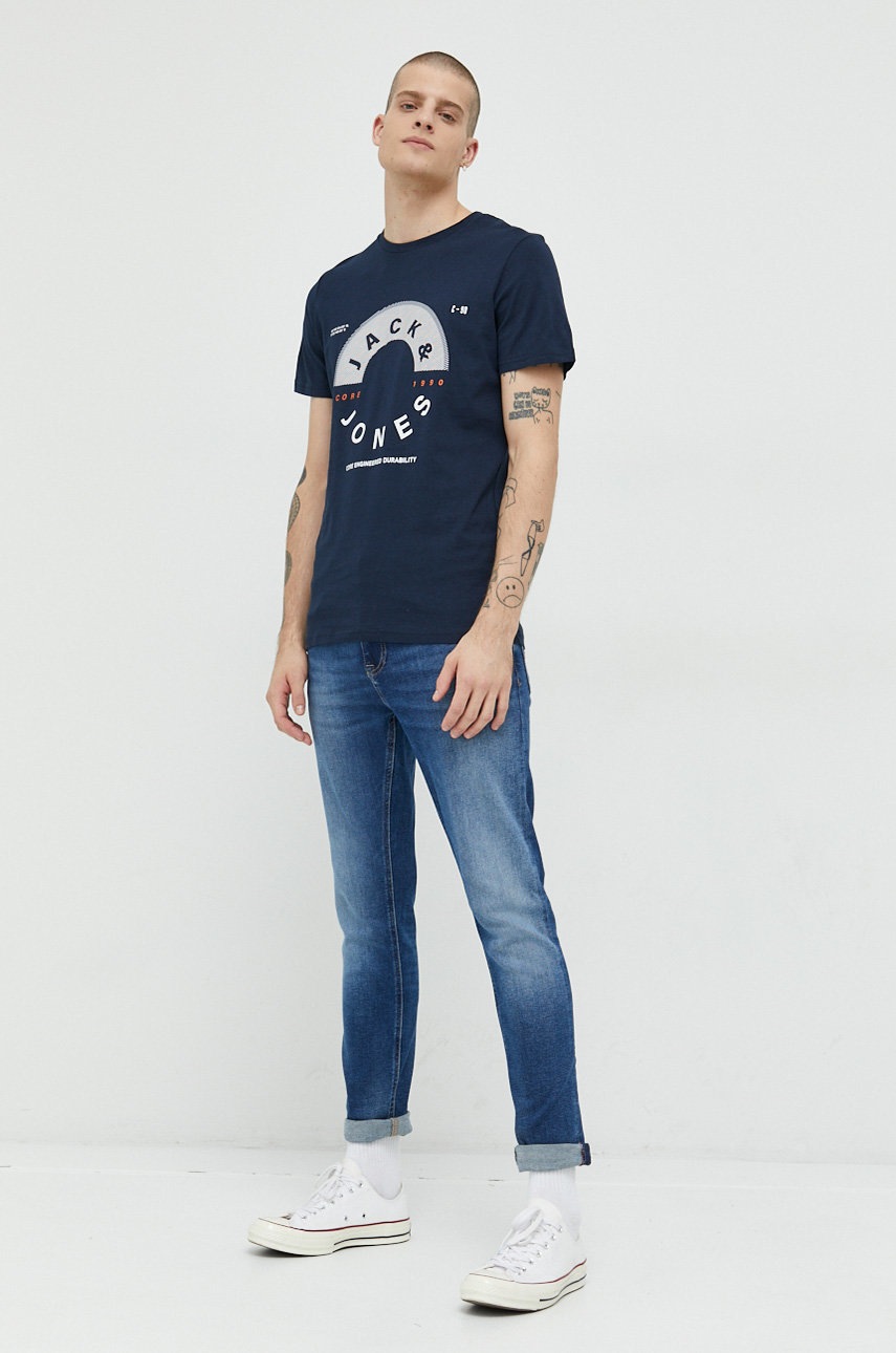 

Бавовняна футболка Jack & Jones колір синій з принтом