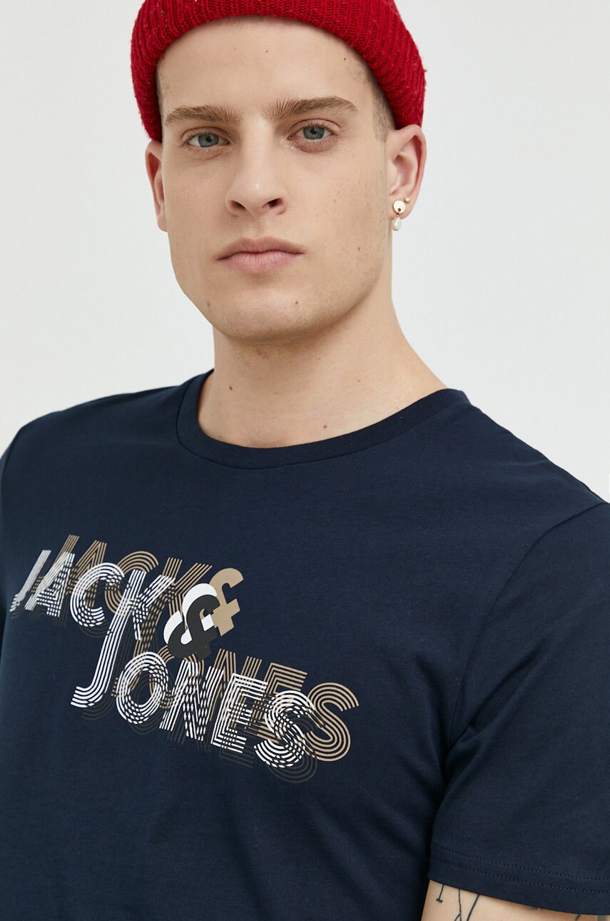 

Памучна тениска Jack & Jones в тъмносиньо с принт, Тъмносин