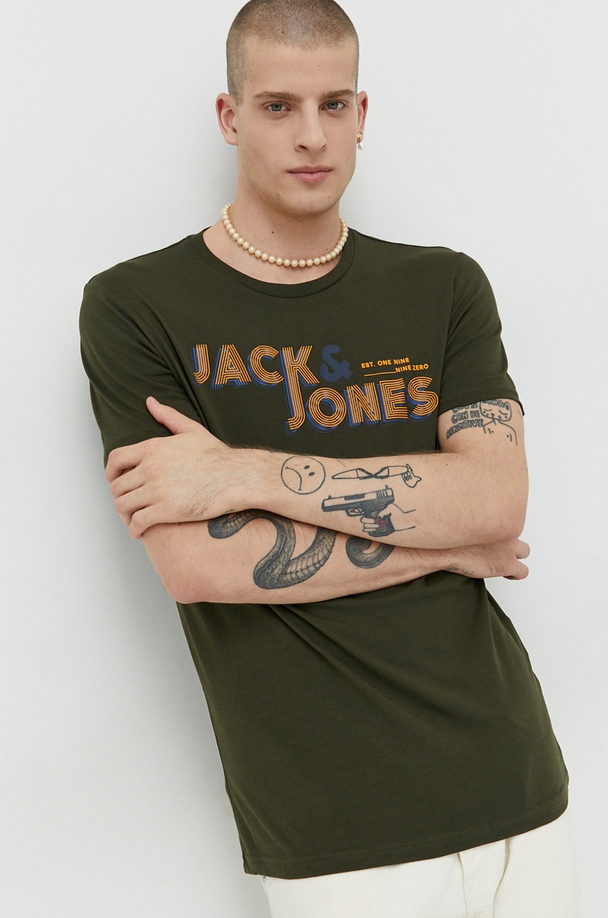 

Памучна тениска Jack & Jones в зелено с принт, Зелен