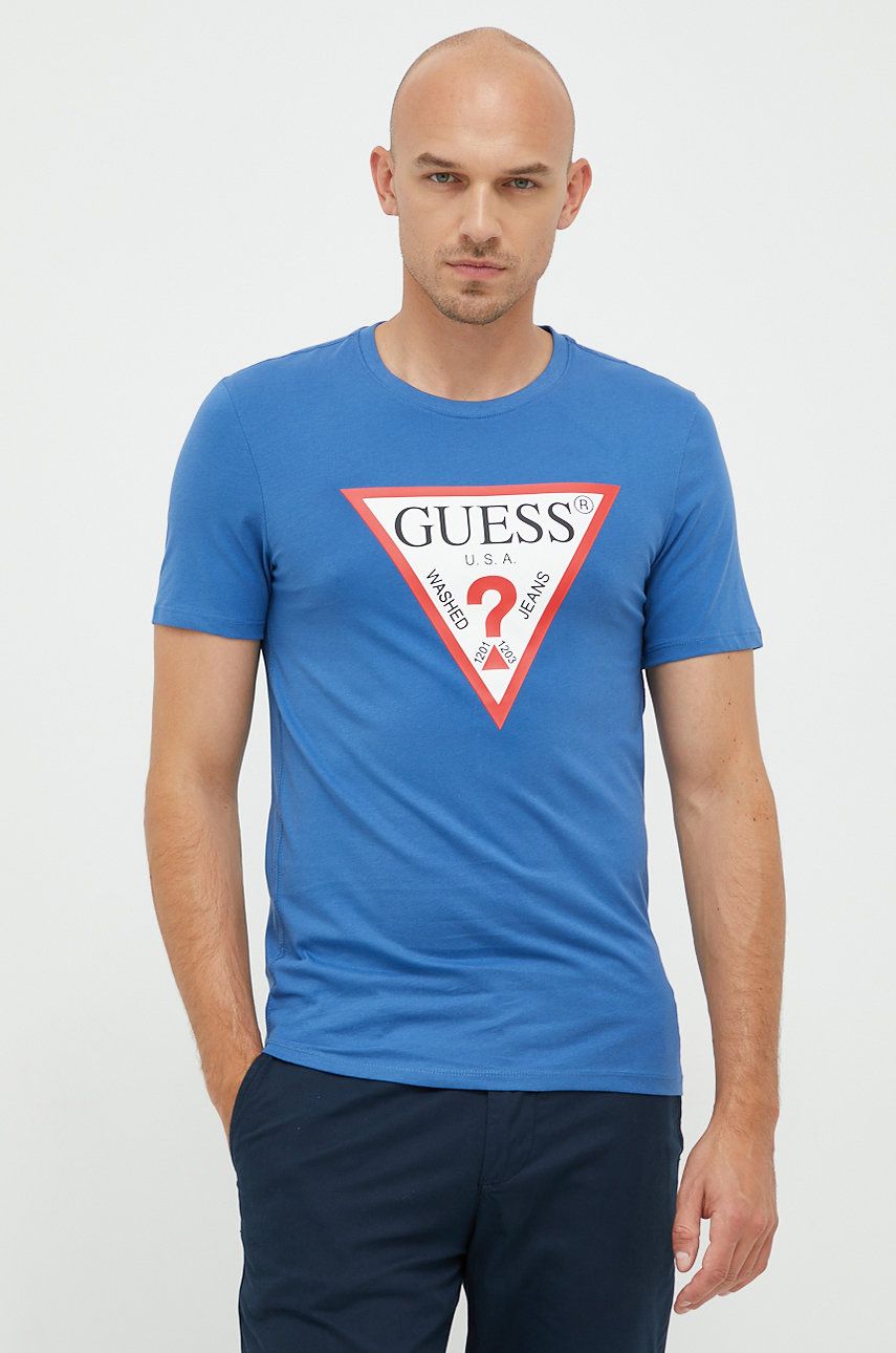 Bavlněné tričko Guess zelená barva, s potiskem - modrá -  100 % Organická bavlna