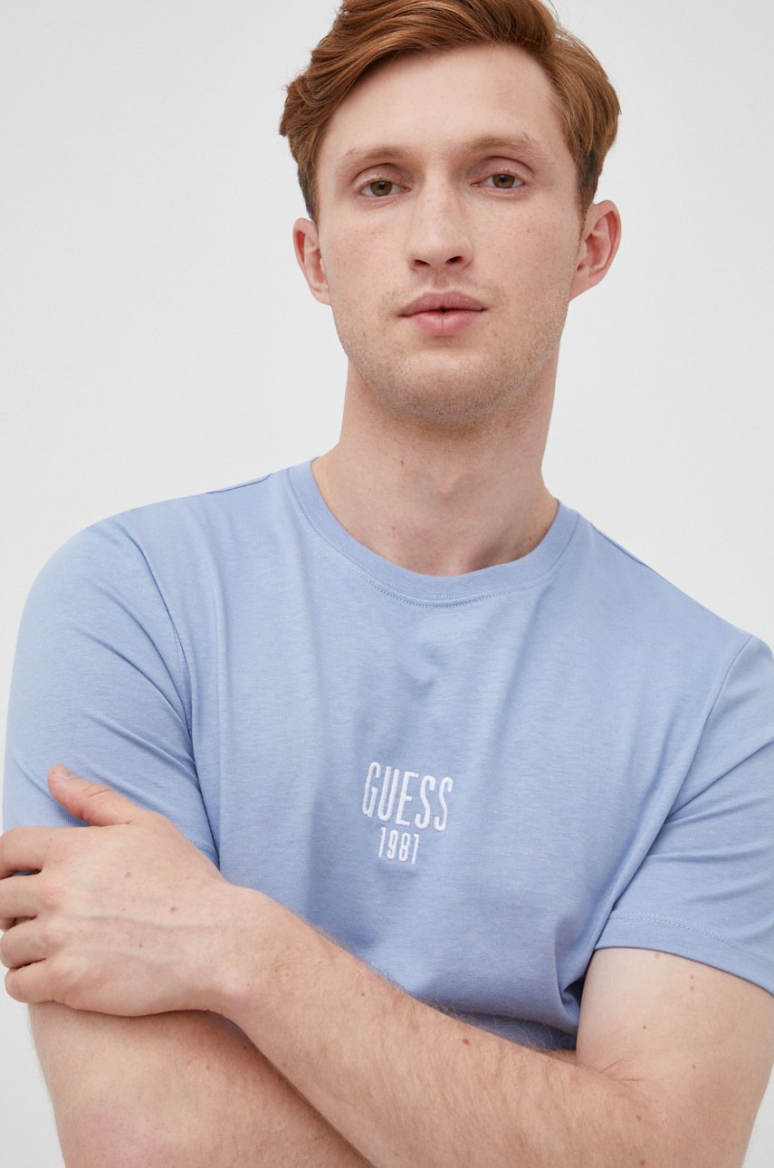 

Памучна тениска Guess с апликация, Син