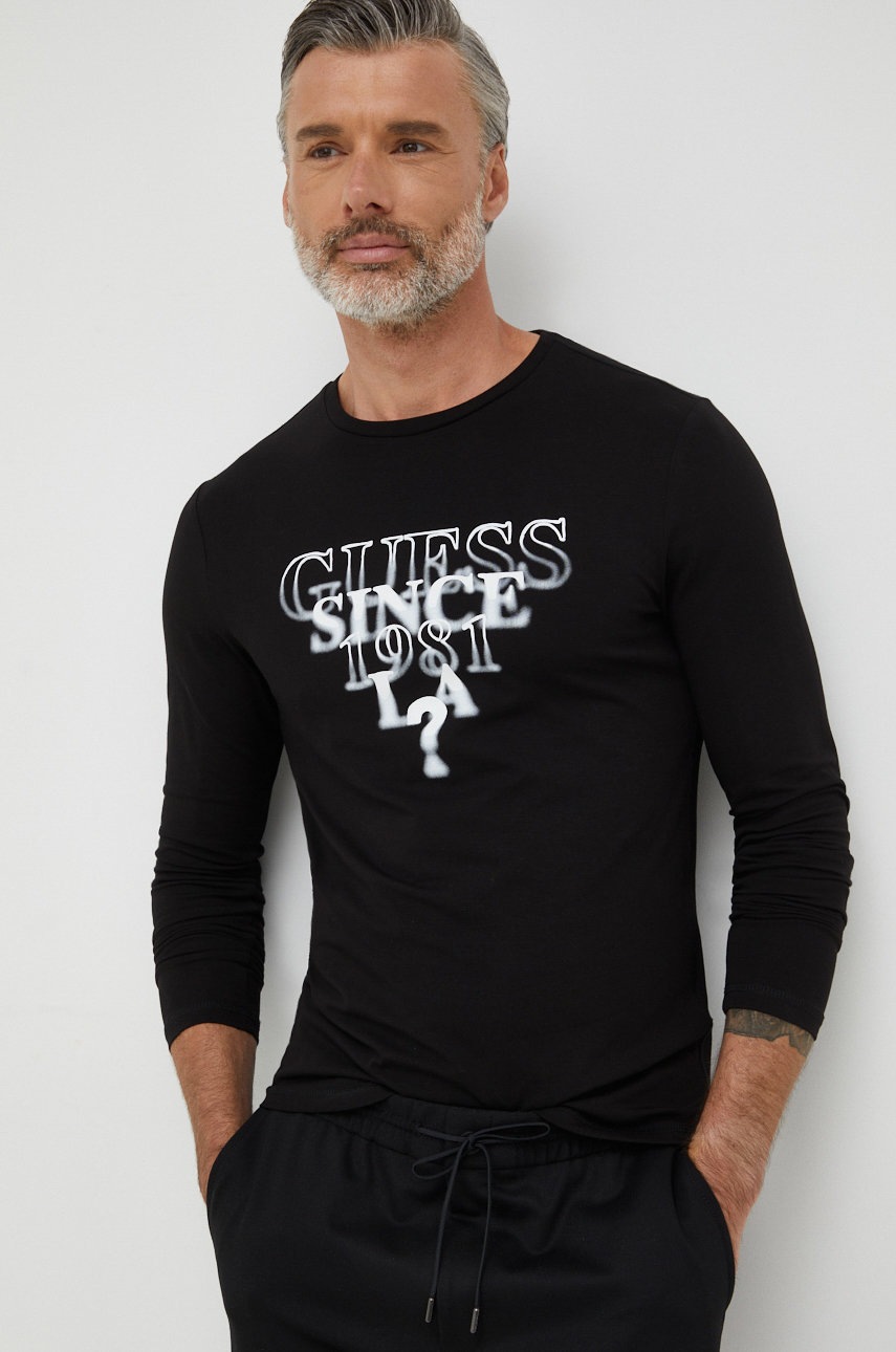 

Блуза с дълги ръкави Guess в черно с принт, Черен