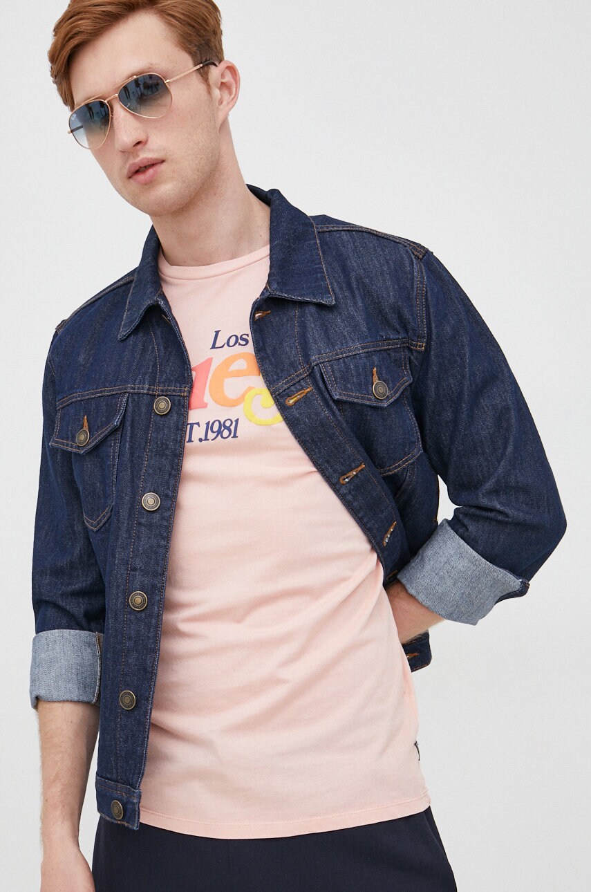 

Памучна тениска Guess в розово с принт, Розов