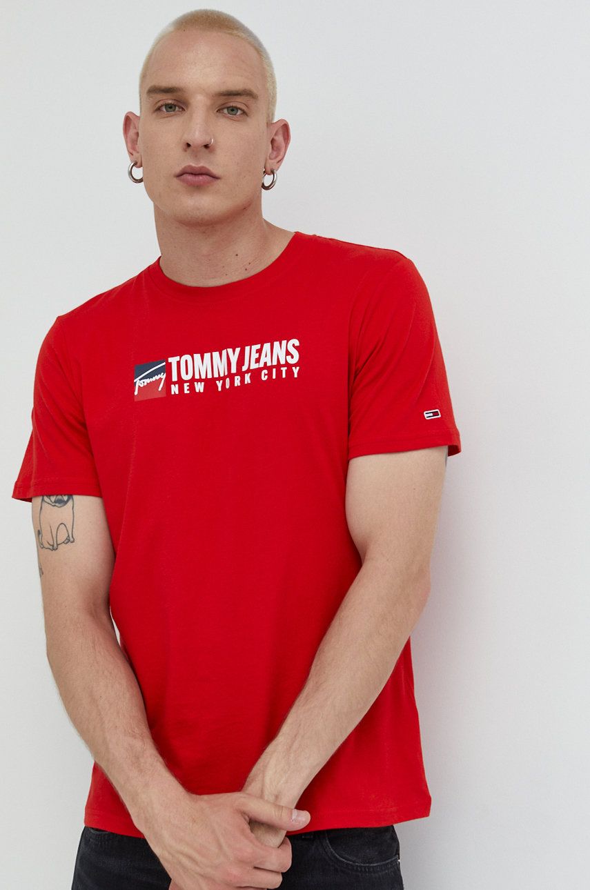 Tommy Jeans tricou din bumbac culoarea rosu, cu imprimeu