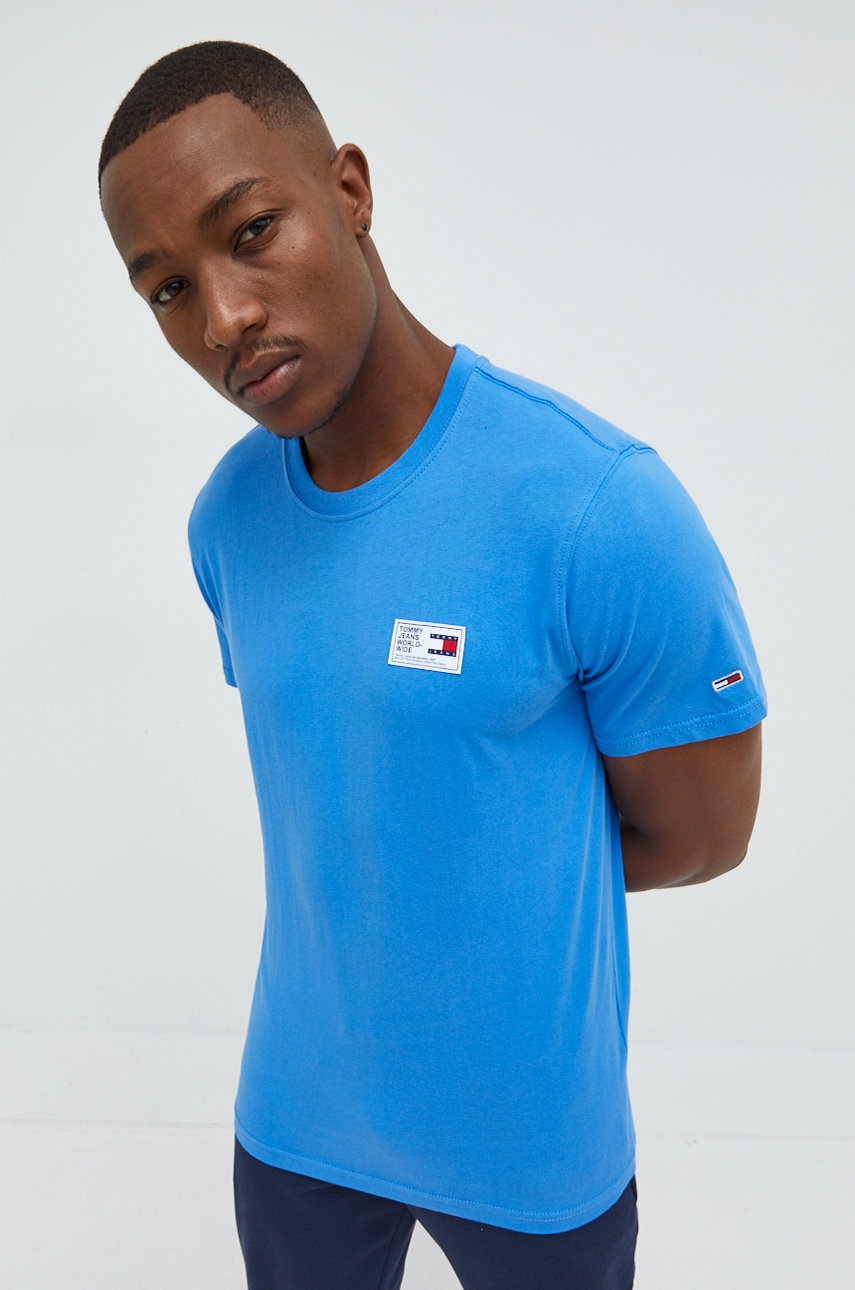 

Памучна тениска Tommy Jeans с апликация, Син