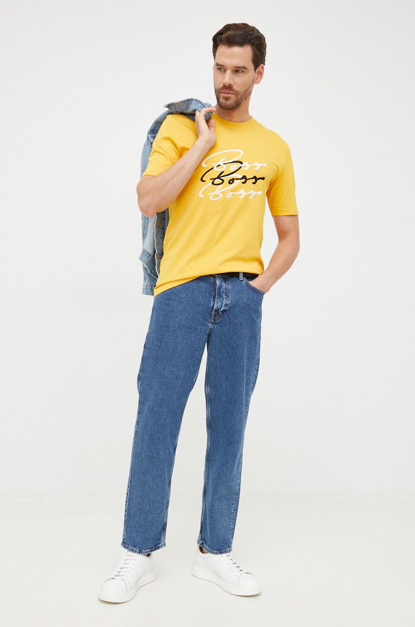 BOSS tricou din bumbac culoarea galben, cu imprimeu answear.ro