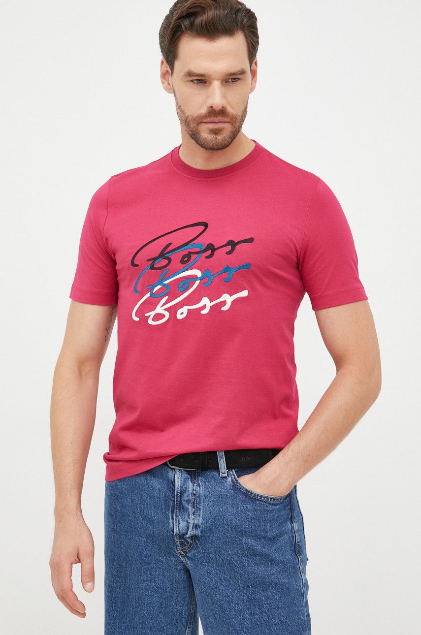 BOSS tricou din bumbac culoarea roz, cu imprimeu answear.ro