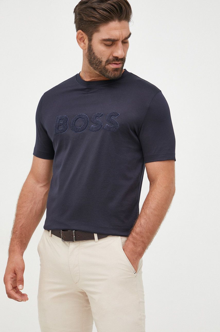 BOSS tricou din bumbac culoarea albastru marin, cu imprimeu answear.ro