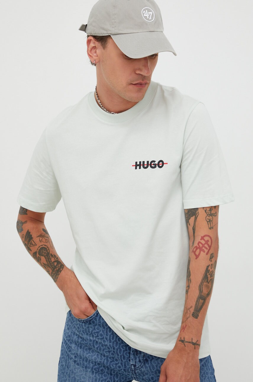 

Памучна тениска HUGO в зелено с принт, Зелен