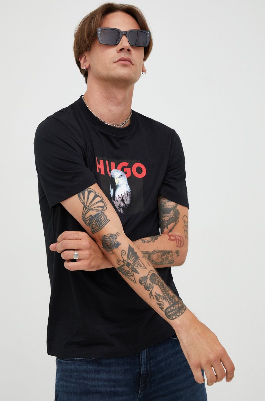 HUGO tricou din bumbac culoarea negru, cu imprimeu answear.ro
