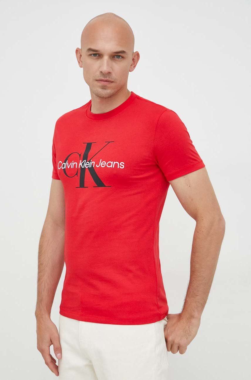 Calvin Klein Jeans t-shirt bawełniany kolor czerwony z nadrukiem