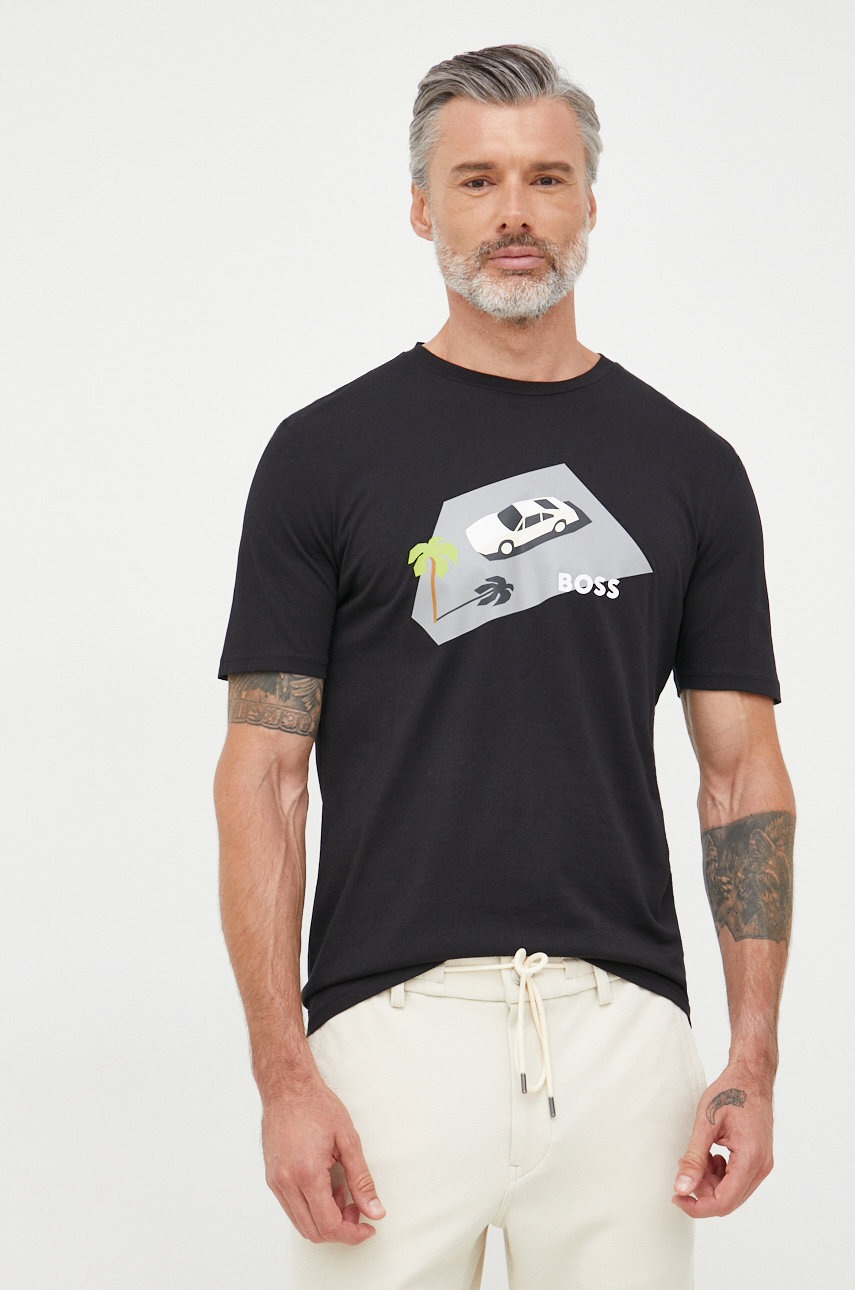 

Памучна тениска BOSS Boss Casual в черно с принт, Черен