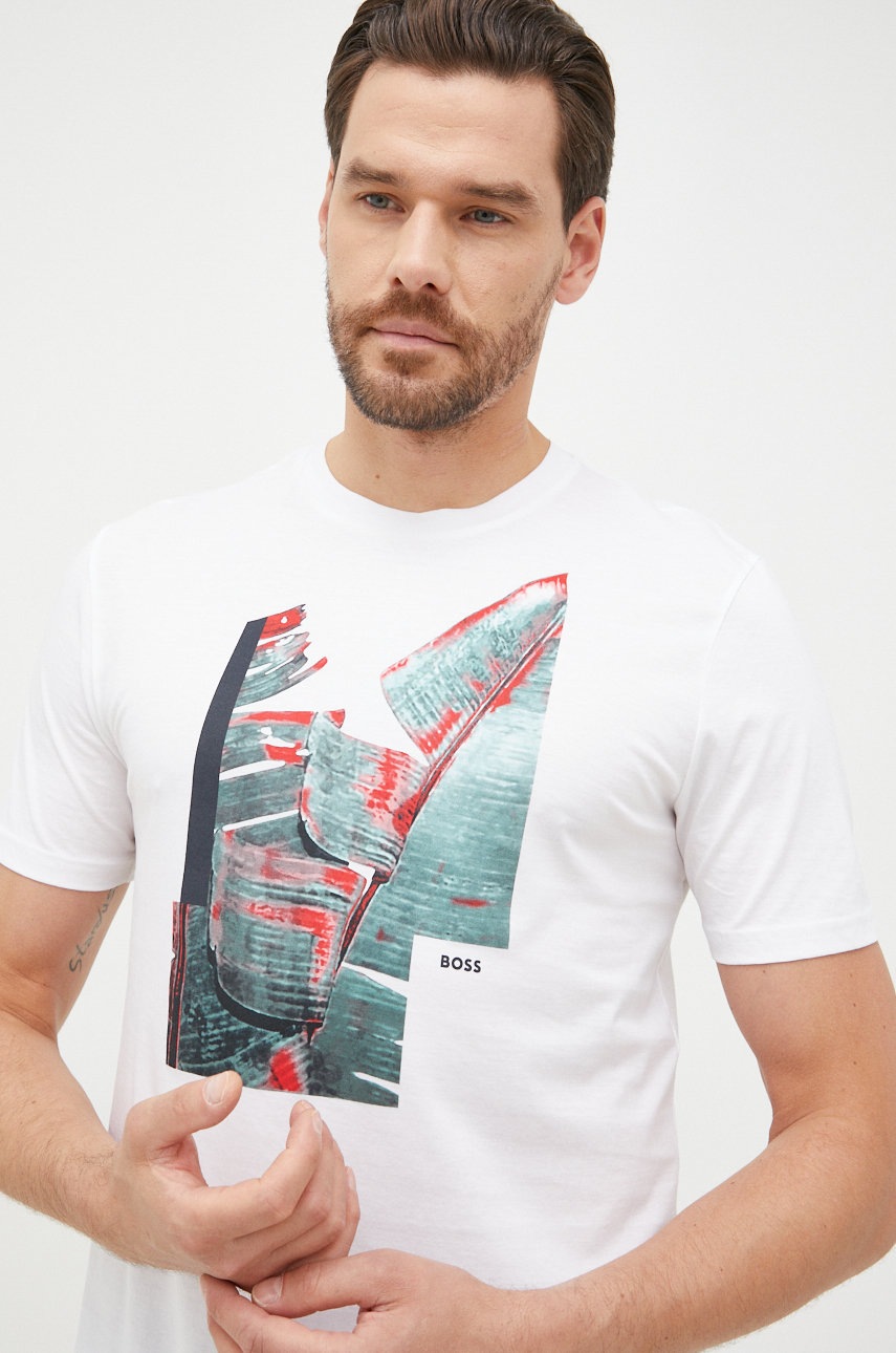 

Памучна тениска BOSS Boss Casual в бяло с принт, Бял