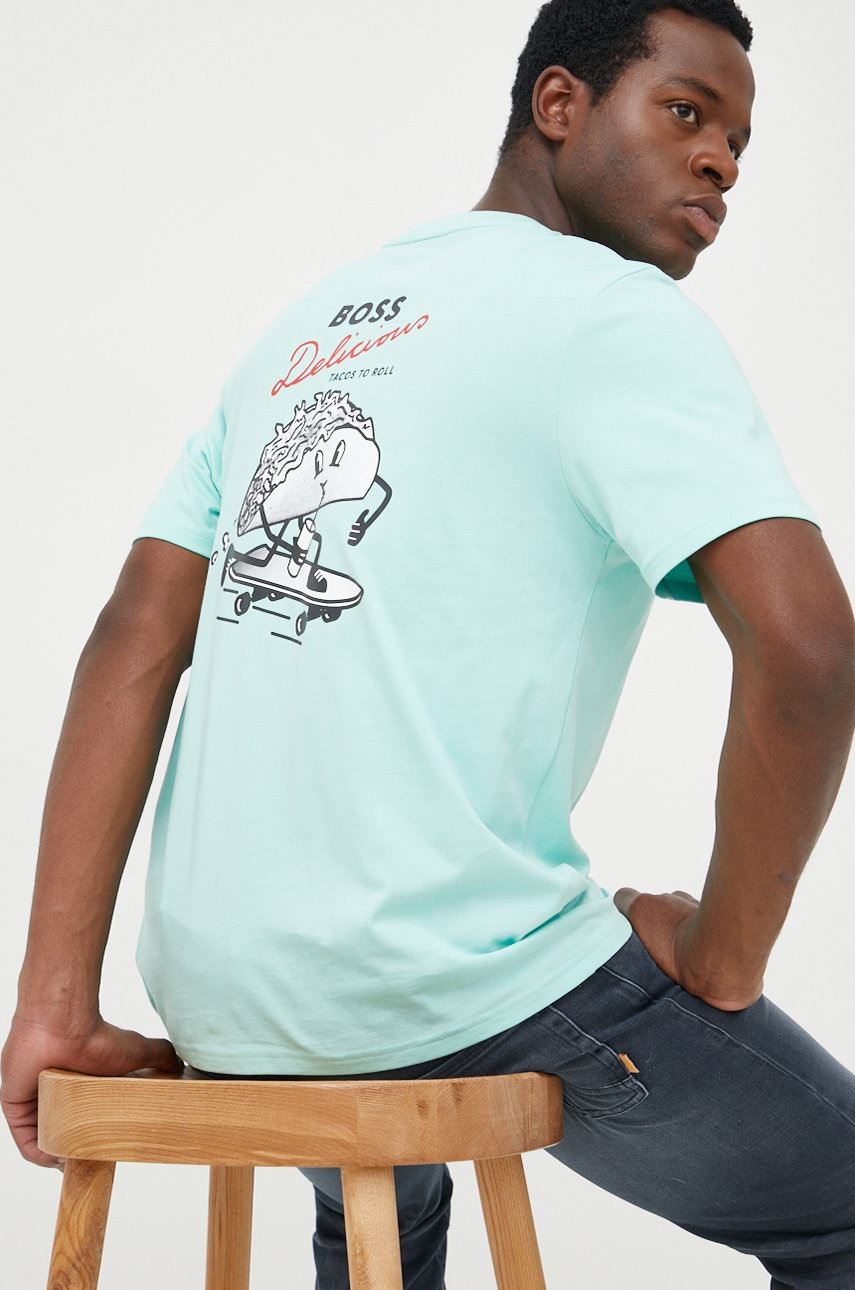 

Памучна тениска BOSS Boss Casual в зелено с принт, Зелен