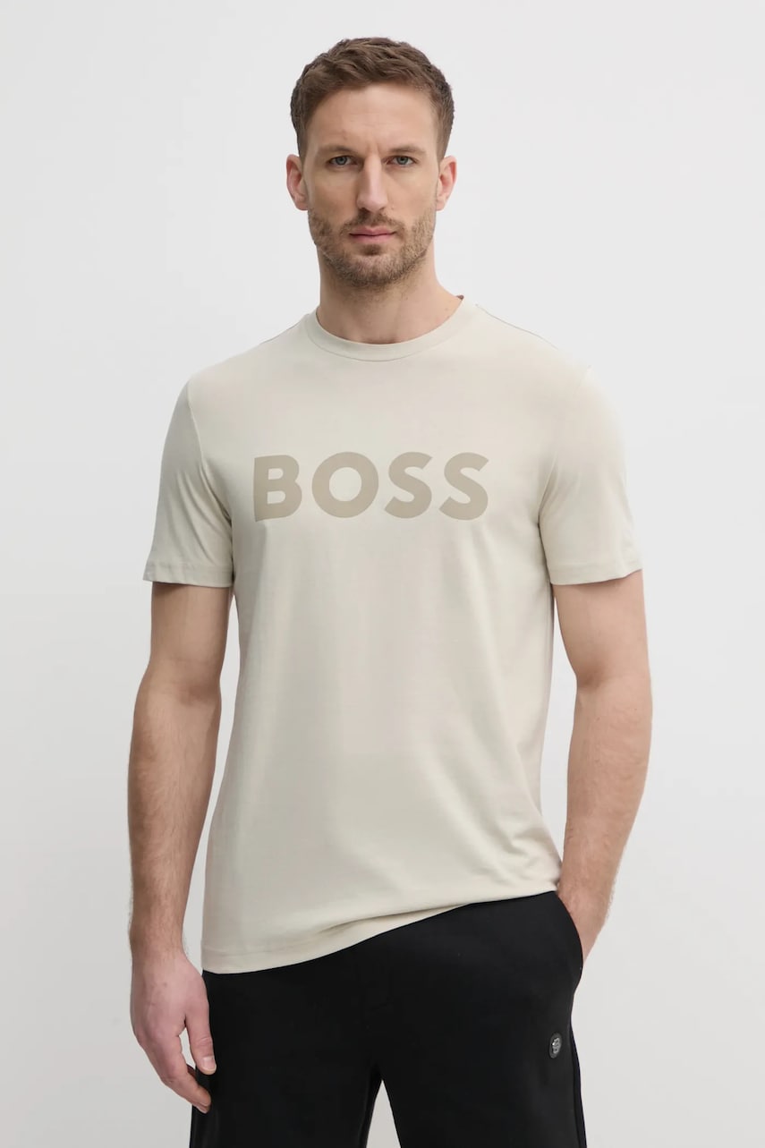 BOSS Orange tricou din bumbac BOSS ORANGE barbati, culoarea bej, cu imprimeu, 50481923 BOSS Orange tricou din bumbac BOSS ORANGE barbati, culoarea bej, cu imprimeu, 50481923