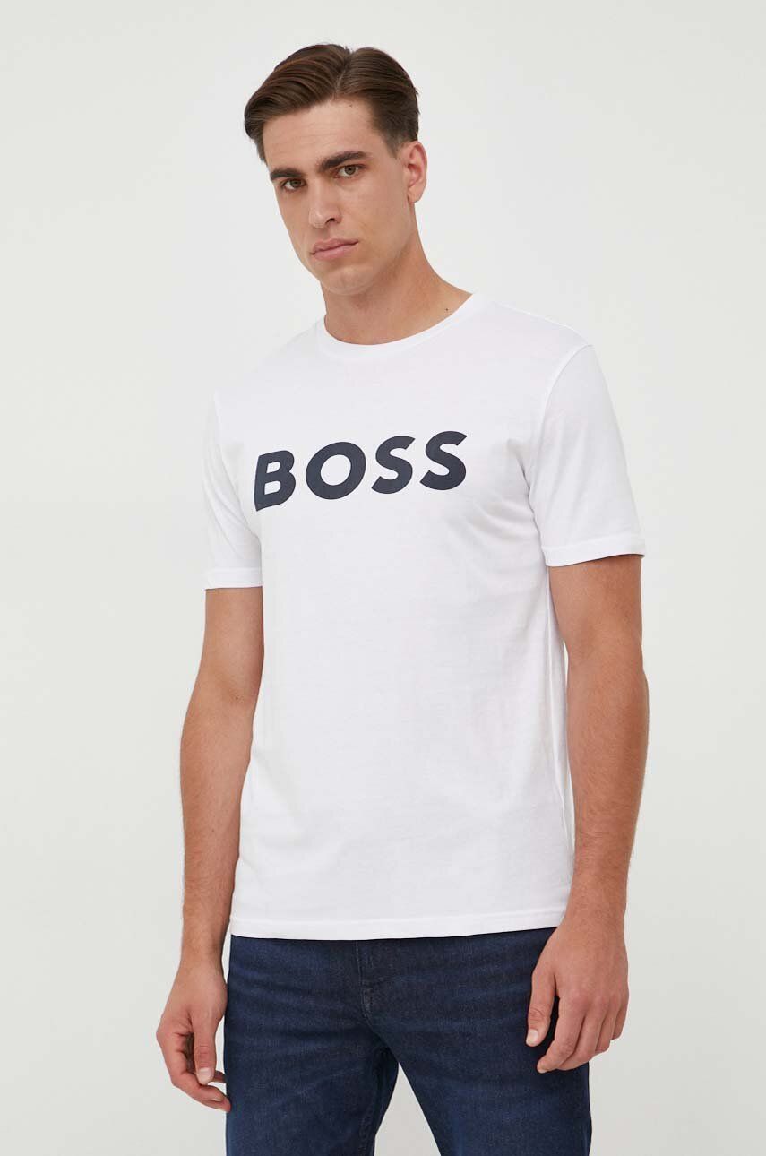BOSS tricou din bumbac CASUAL bărbați, culoarea bej, cu imprimeu 50481923