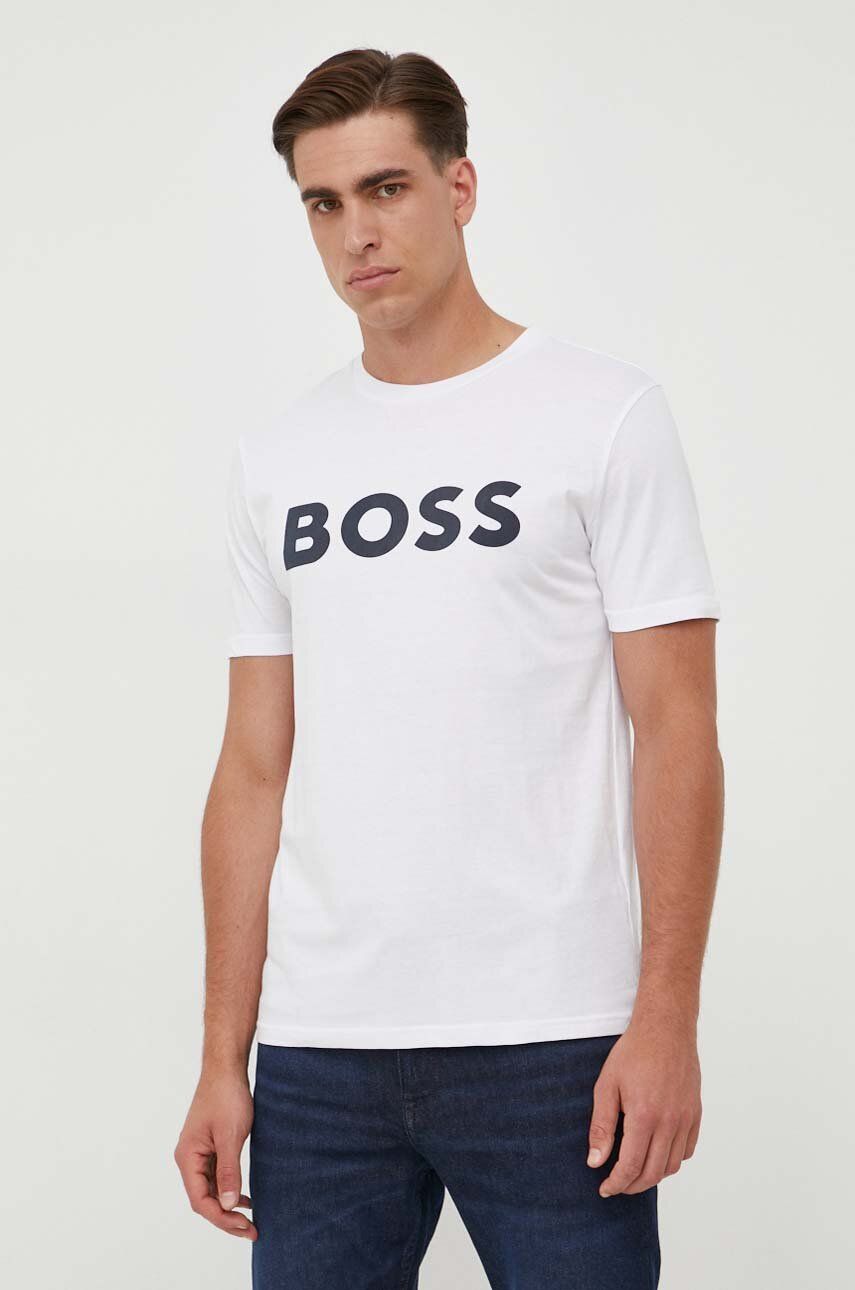 Boss Tricou Din Bumbac Boss Casual Culoarea Bej, Cu Imprimeu