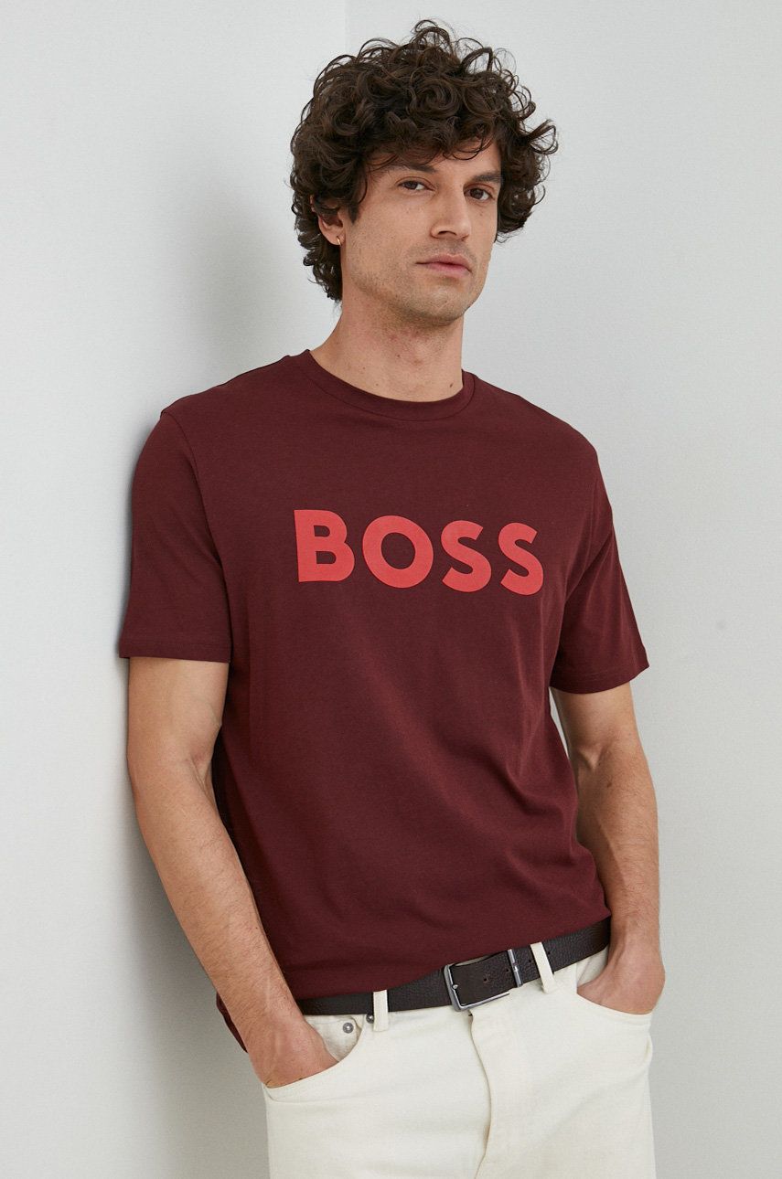BOSS tricou din bumbac BOSS CASUAL barbati, culoarea bordo, cu imprimeu