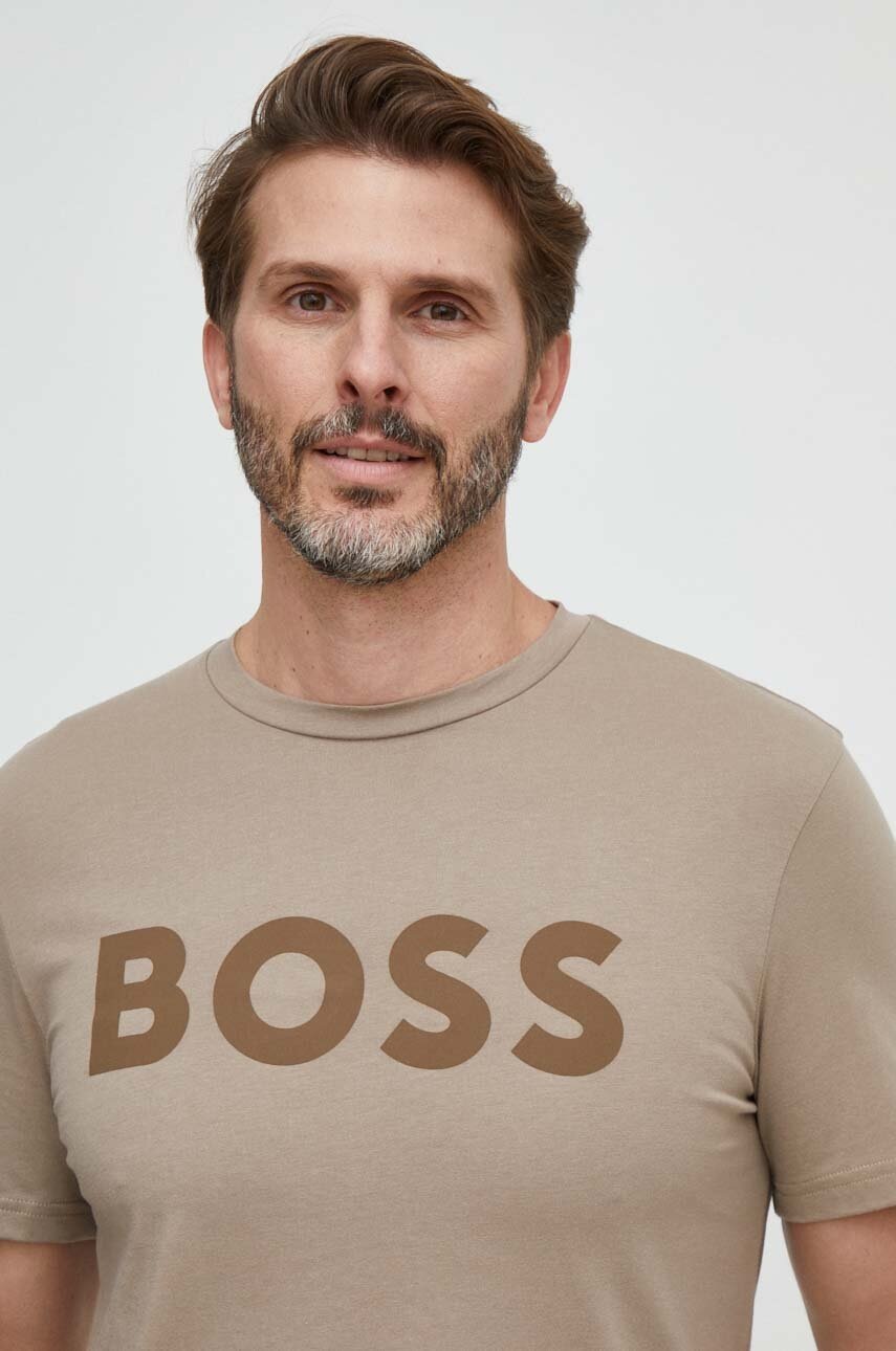 BOSS tricou din bumbac BOSS CASUAL barbati, culoarea maro, cu imprimeu