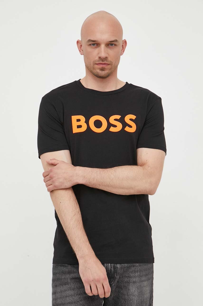 Bavlněné tričko BOSS CASUAL černá barva, s potiskem, 50481923