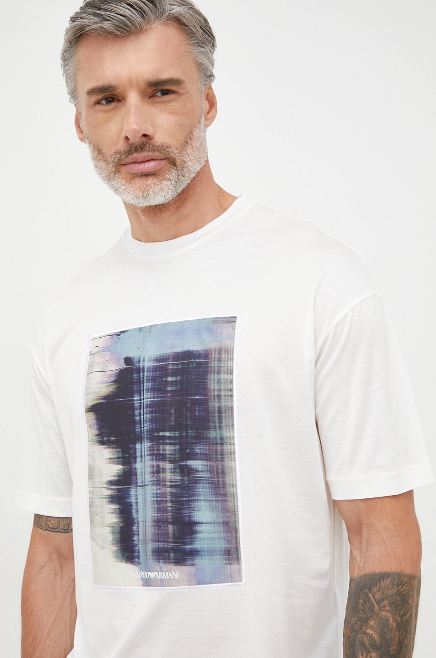 Emporio armani tricou barbati, culoarea alb, neted