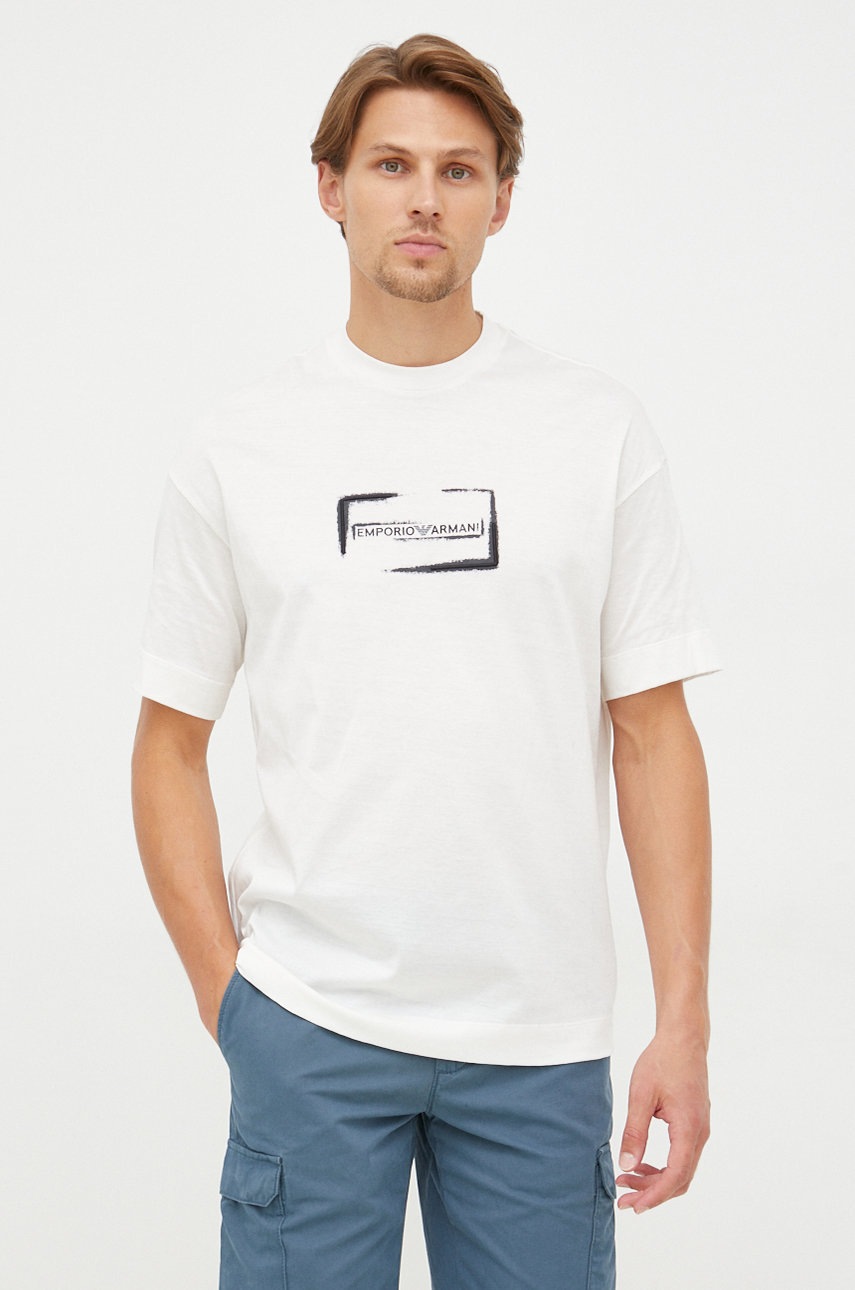 

Памучна тениска Emporio Armani в бяло с апликация, Бял