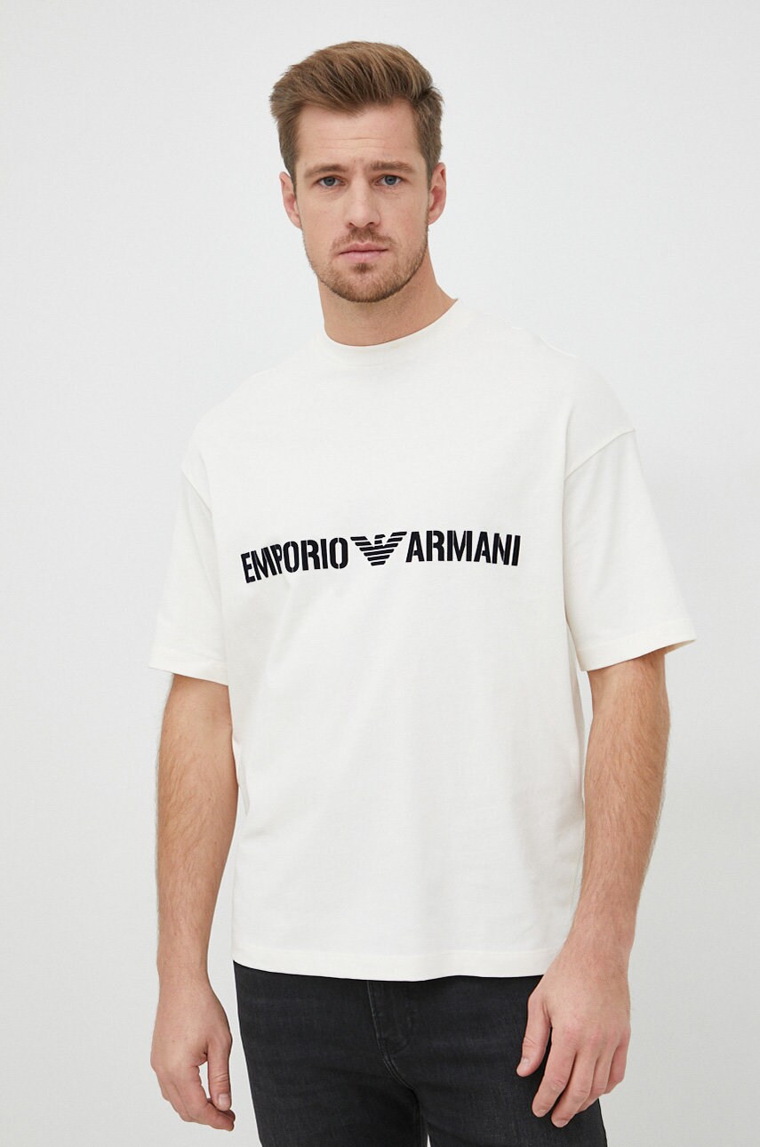 Emporio armani tricou din bumbac culoarea bej, cu imprimeu